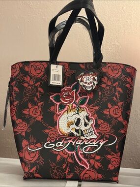 Ed Hardy Black and Red Rose Skull Sequin Tote NWT